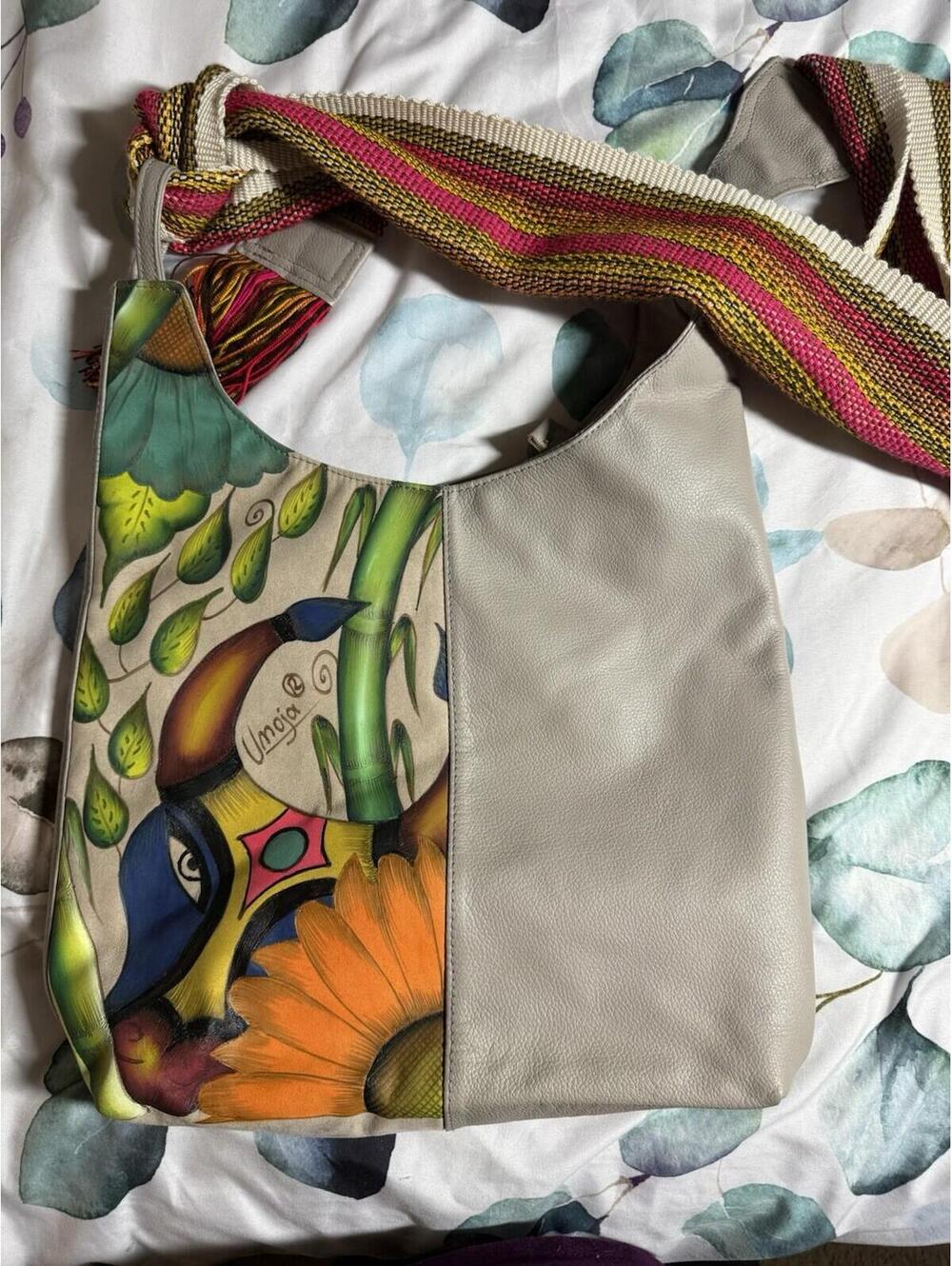Anuschka Hand Painted Genuine Leather Shoulder Bag Crossbody Unique Flower